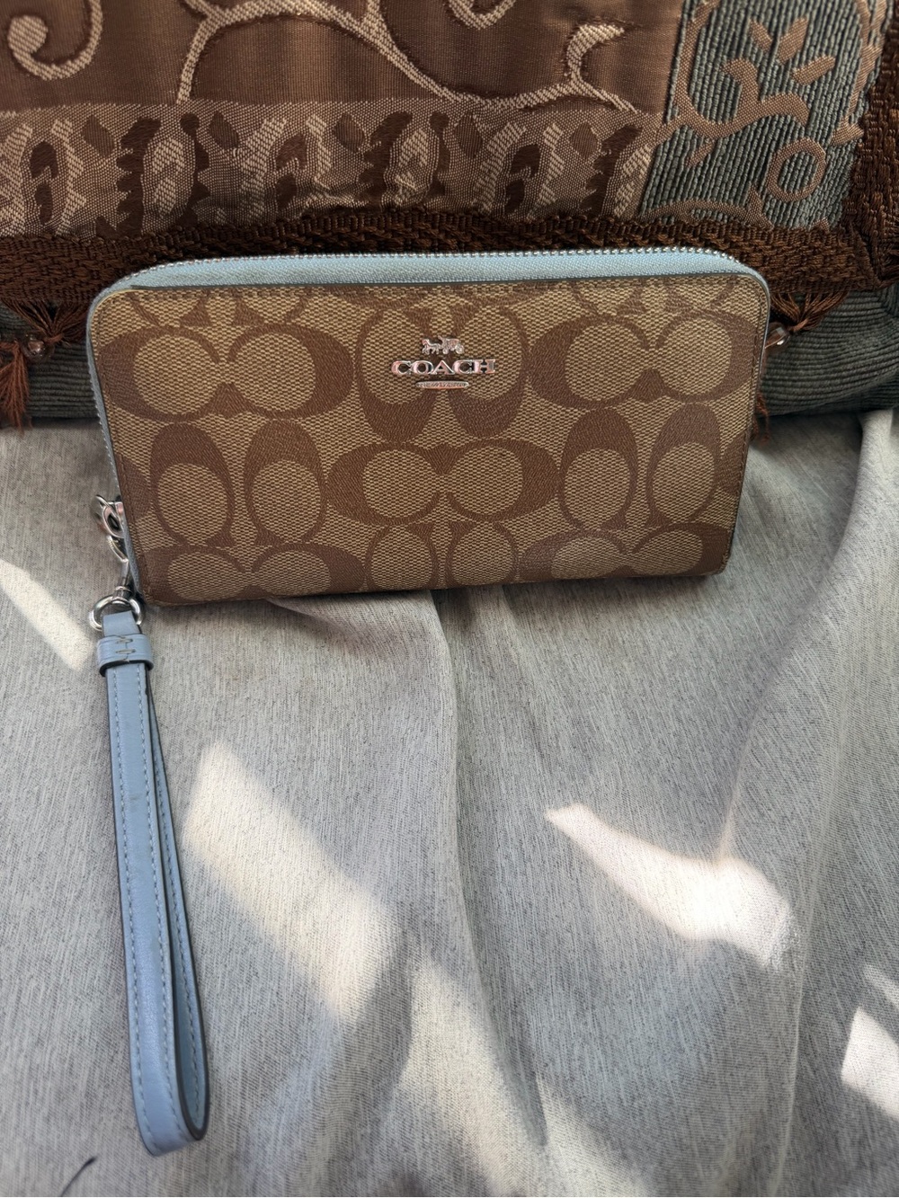 Coach Brown Signature Canvas Wristlet with Light Blue Trim